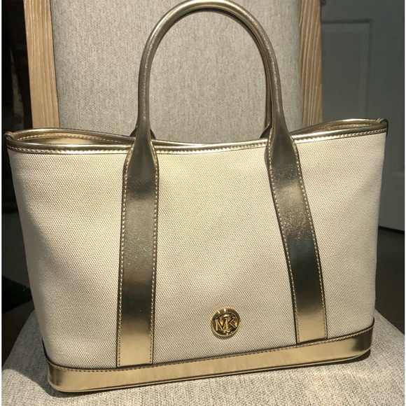 ☀️🌻😎Michael Kors Luisa Medium Satchel- Natural/Metallic Gold RP$278 NWT - Picture 1 of 9